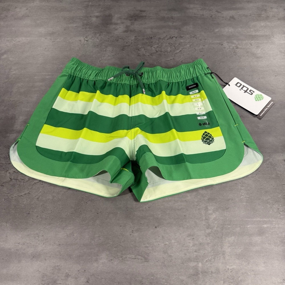 Stio Shorts Women Medium‎ 3" Inseam Green Stripe Hybrid Athletic Drifter UPF 50+
